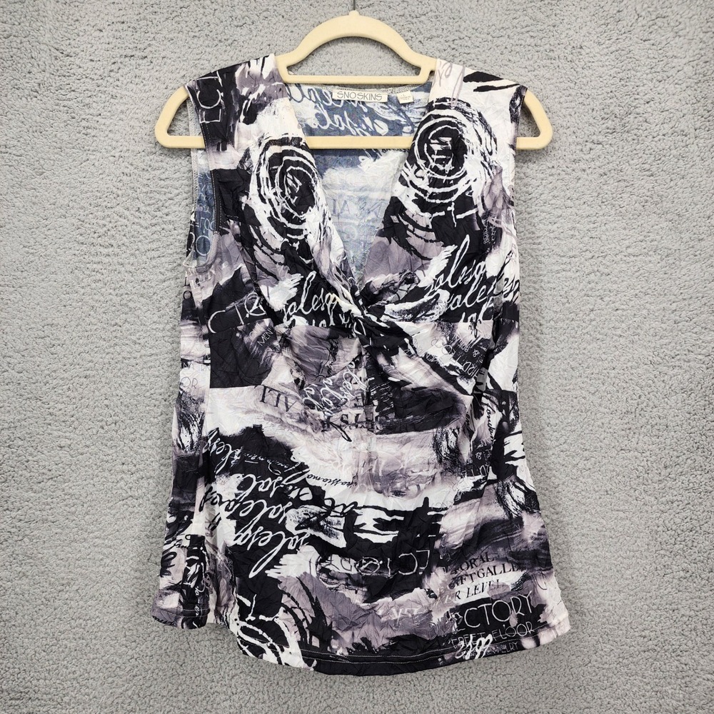 SnoSkins Womens Large Sleeveless Twist Front Abstract Graphic Top Black